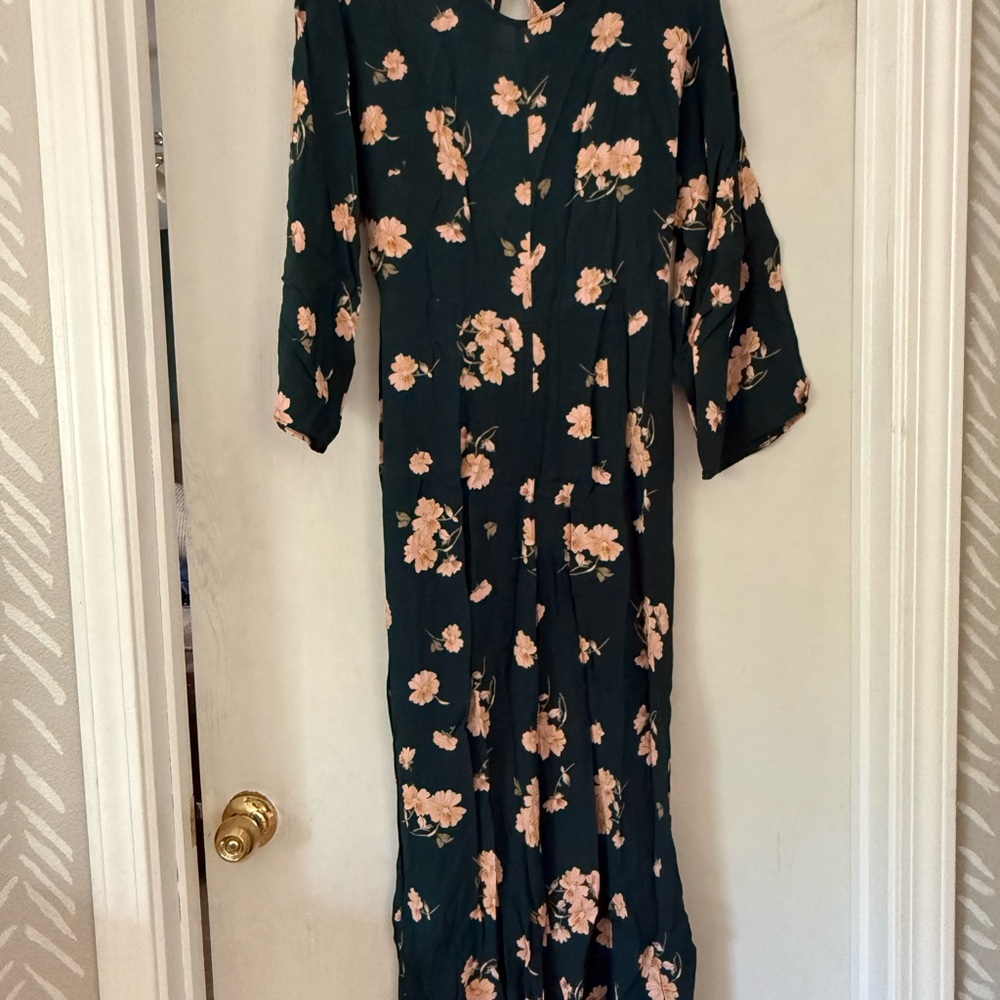 Topshop Dark Teal jumpsuit with Peach Floral Pattern